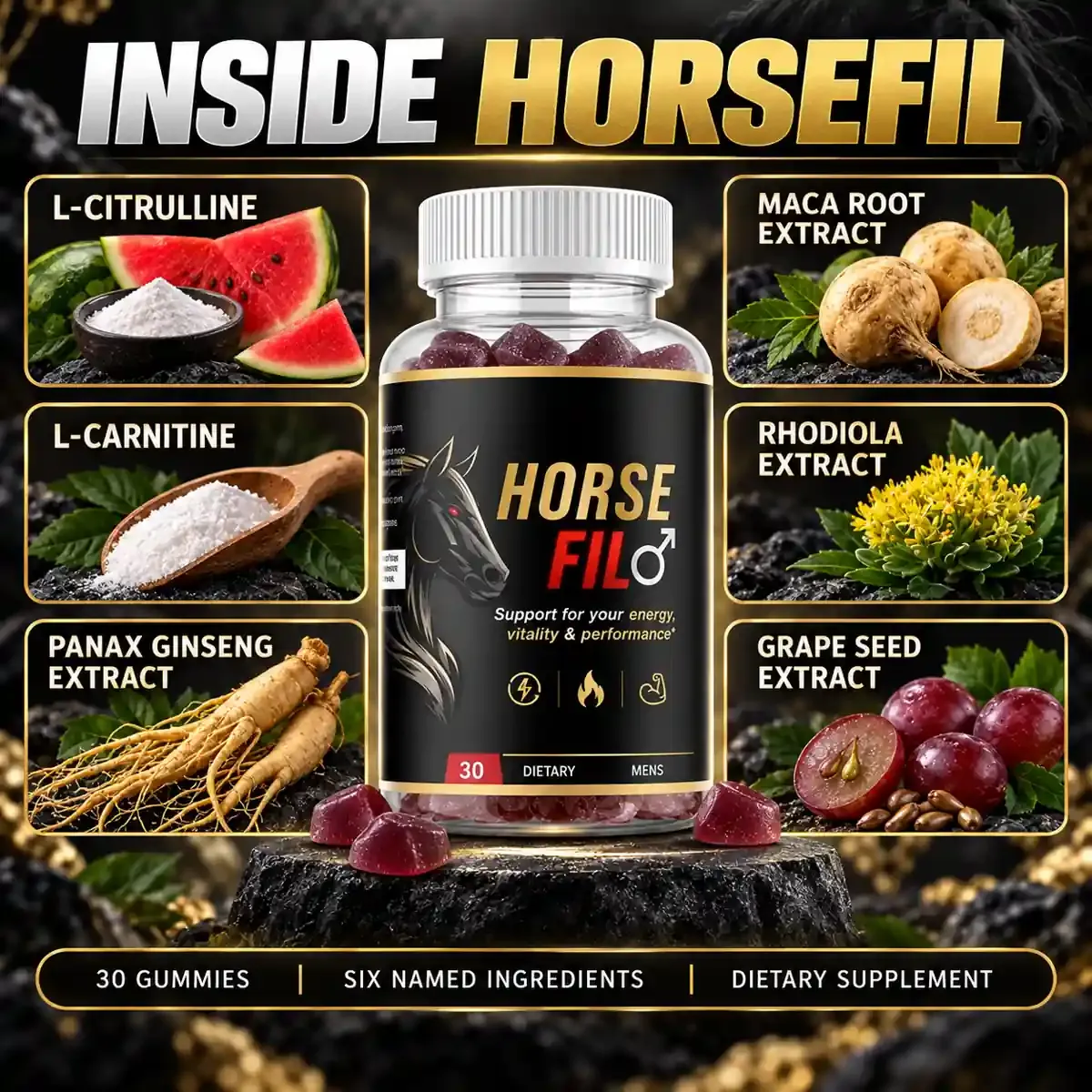 Inside HorseFil panel: six named ingredients around the bottle, with numbered call-outs