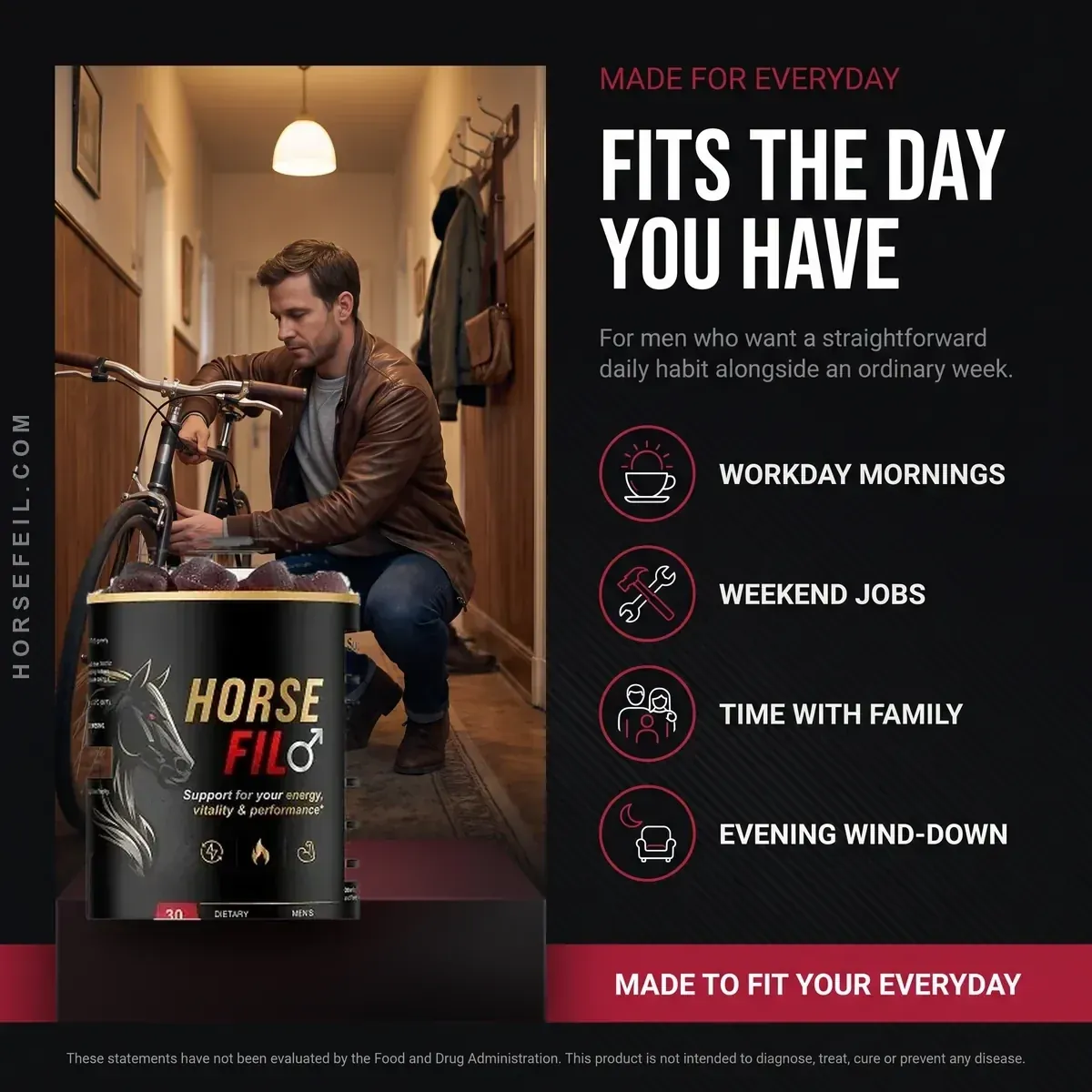 Man fixing a bike in a hallway next to a HorseFil bottle, with icons for workday mornings, weekend jobs, time with family and evening wind-down