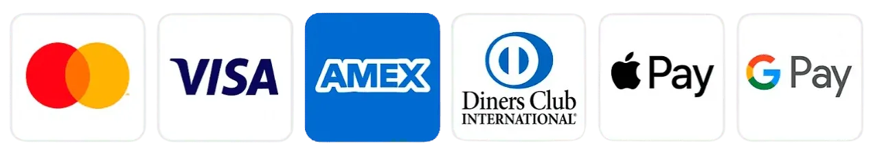 Accepted payments: Mastercard, Visa, American Express, Diners Club, Apple Pay, Google Pay