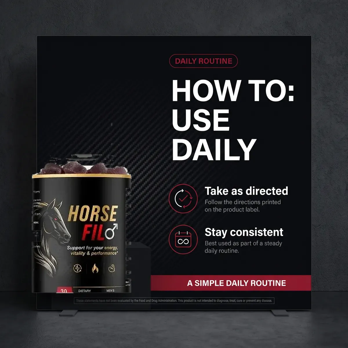 HorseFil how-to panel: take as directed, stay consistent, a simple daily routine