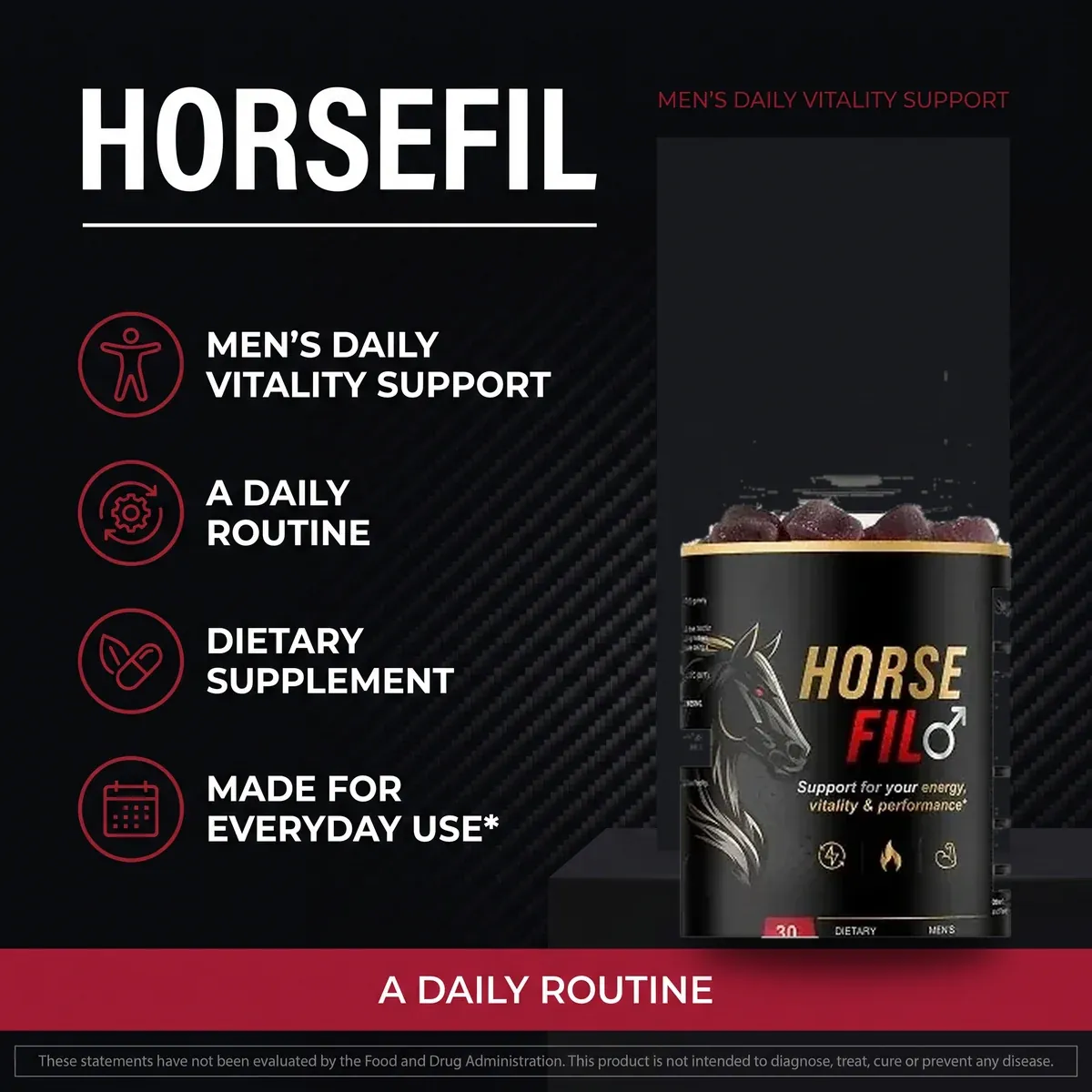 HorseFil listing panel: men's daily vitality support, a daily routine, dietary supplement, made for everyday use