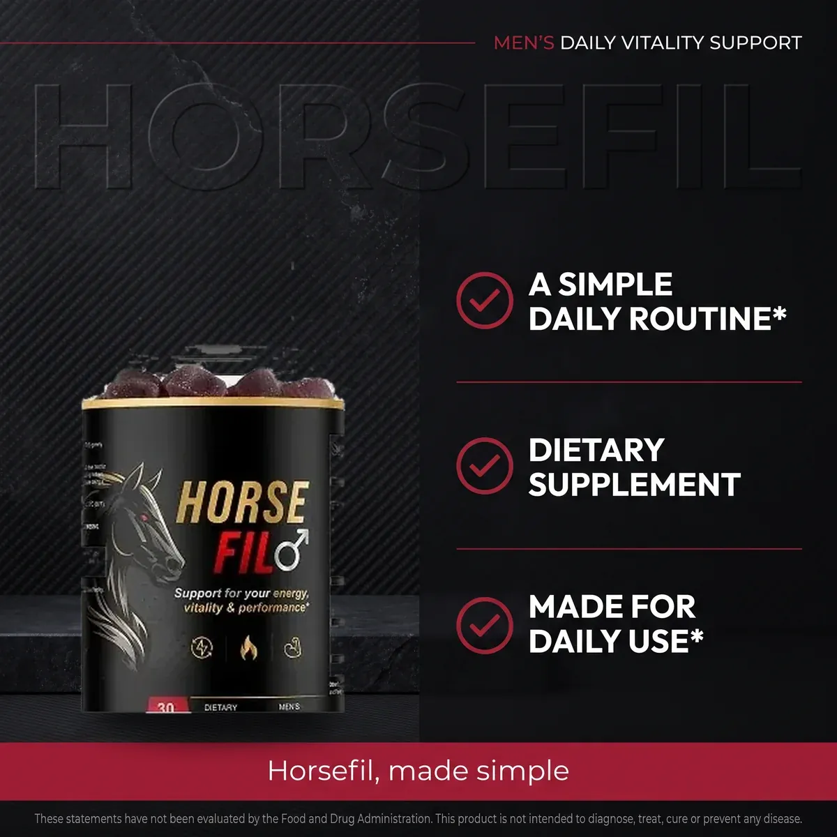 HorseFil panel: a simple daily routine, dietary supplement, made for daily use, with the gummy bottle